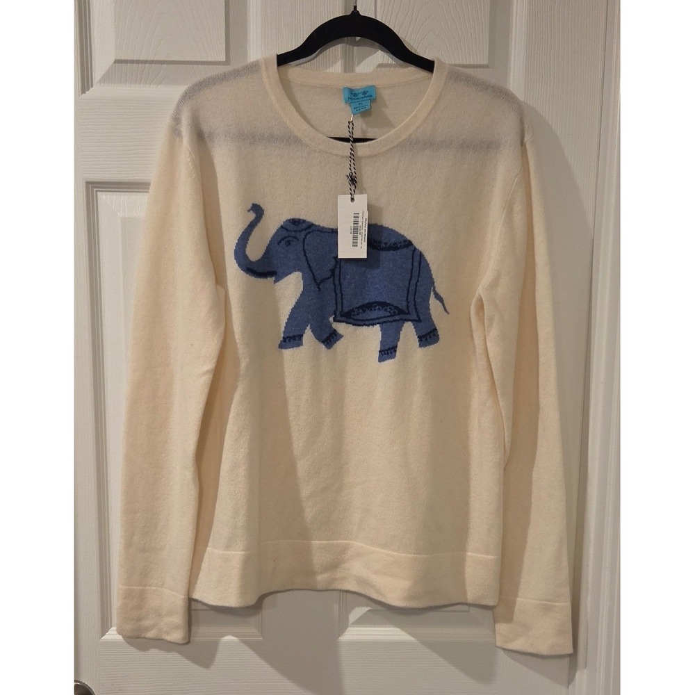 Two Bees Cashmere Elephant Sweater XL Ivory Blue 100% Cashmere NWT $312